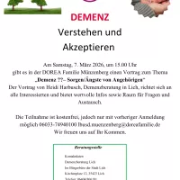 Vortrag der Demenzberatung Lich: Demzenz Verstehen und Akzeptieren am 7.3.2026 um 15Uhr