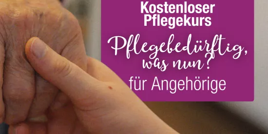 Hand wird gehalten mit Text Kostenloser Pflegekurs Pflegebedürftig was nun?